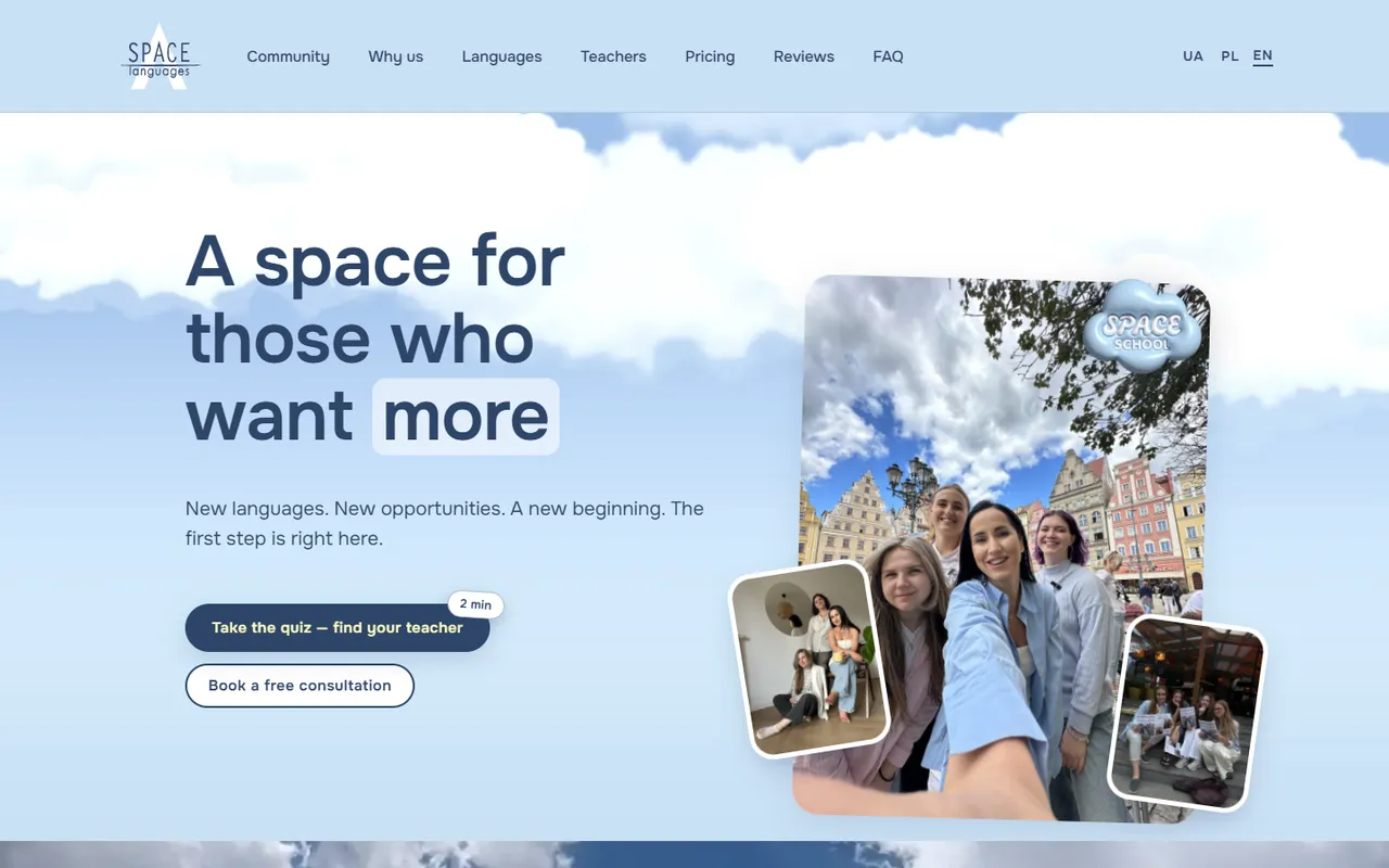 Screenshot: the language school's home page